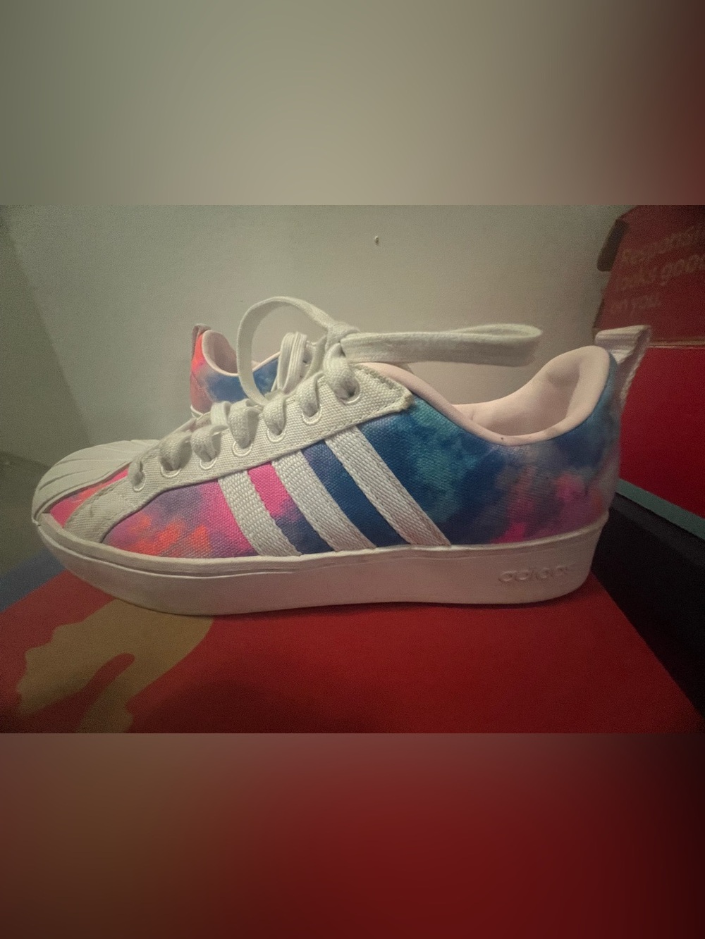 Adidas women’s Tie-Dye Canvas Sneakers - White Stripes, Pink & Blue
